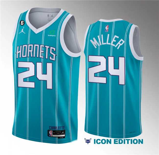 Men's Charlotte Hornets #24 Brandon Miller Blue 6 Patch Sponsor 2023 Icon Edition Stitched Jersey Dzhi